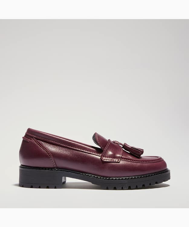 Gracelyn Burgundy - Wide Fit Cleated Sole Leather Tassel Trim Loafers