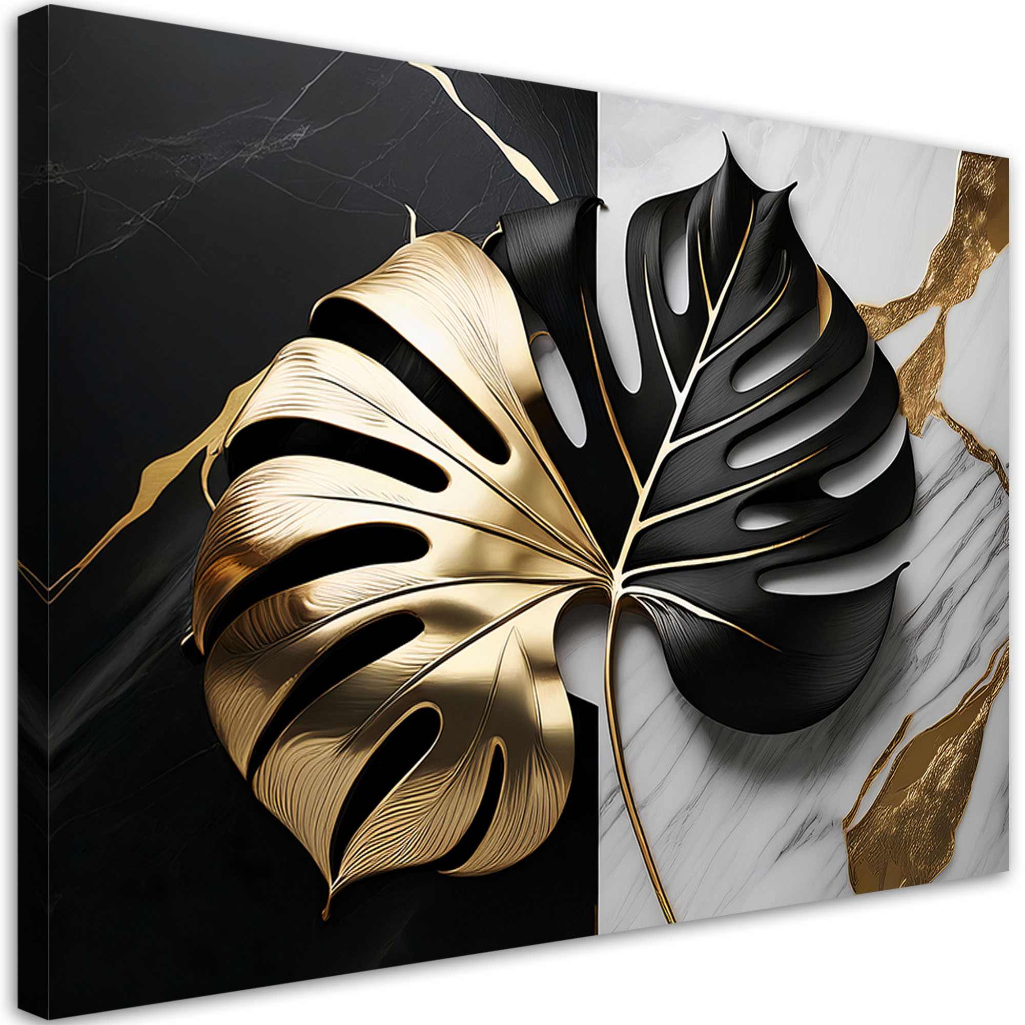 Feeby Obraz na płótnie, Monstera Złoto-Czarna Na Biało-Czarnym Tle 60x40