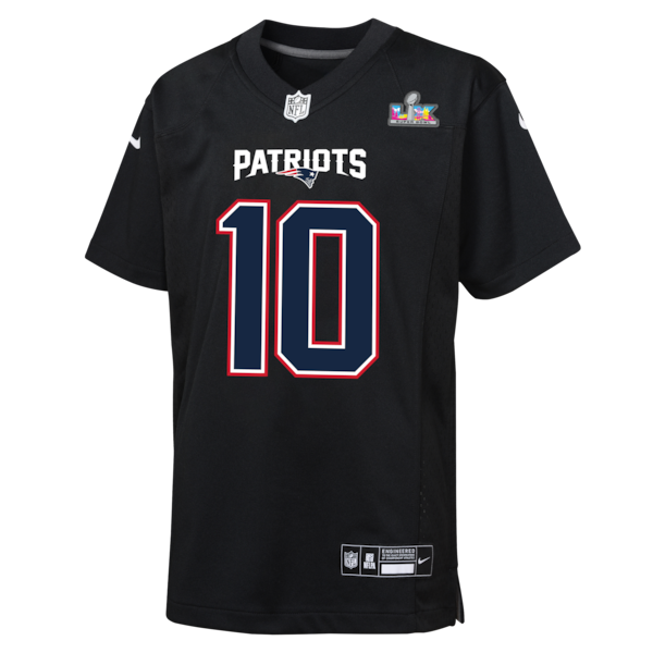 Youth New England Patriots Drake Maye Nike Black Super Bowl LX Patch Carbon Fashion Game Jersey