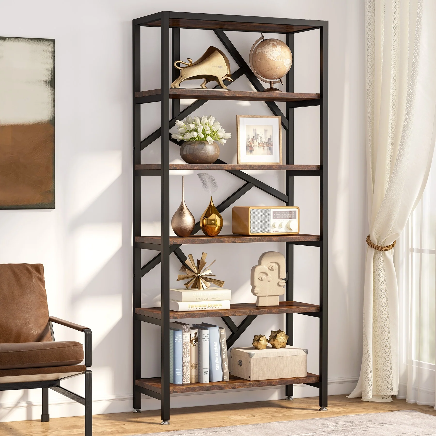 71 Inch Industrial Bookshelf, 6 Shelf Etagere Bookcase,Free Standing Open Book Shelves Storage Display Shelf