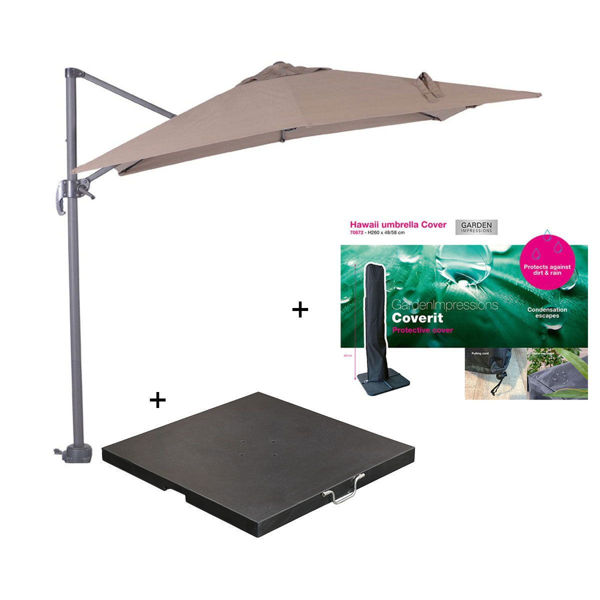 Garden Impressions zweefparasol Hawaii S taupe 250x250 cm incl 60 kg voet en hoes