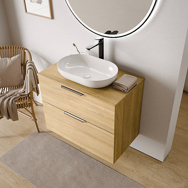 Meuble sous vasque suspendu MDF Chêne gris 80x46x62cm, Plan lavabo Blanc mat   poignée Chrome - TIM80