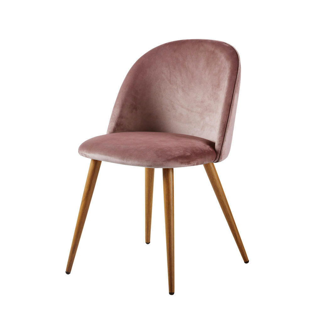 Mauricette - Chaise vintage en velours vieux rose et métal imitation chêne