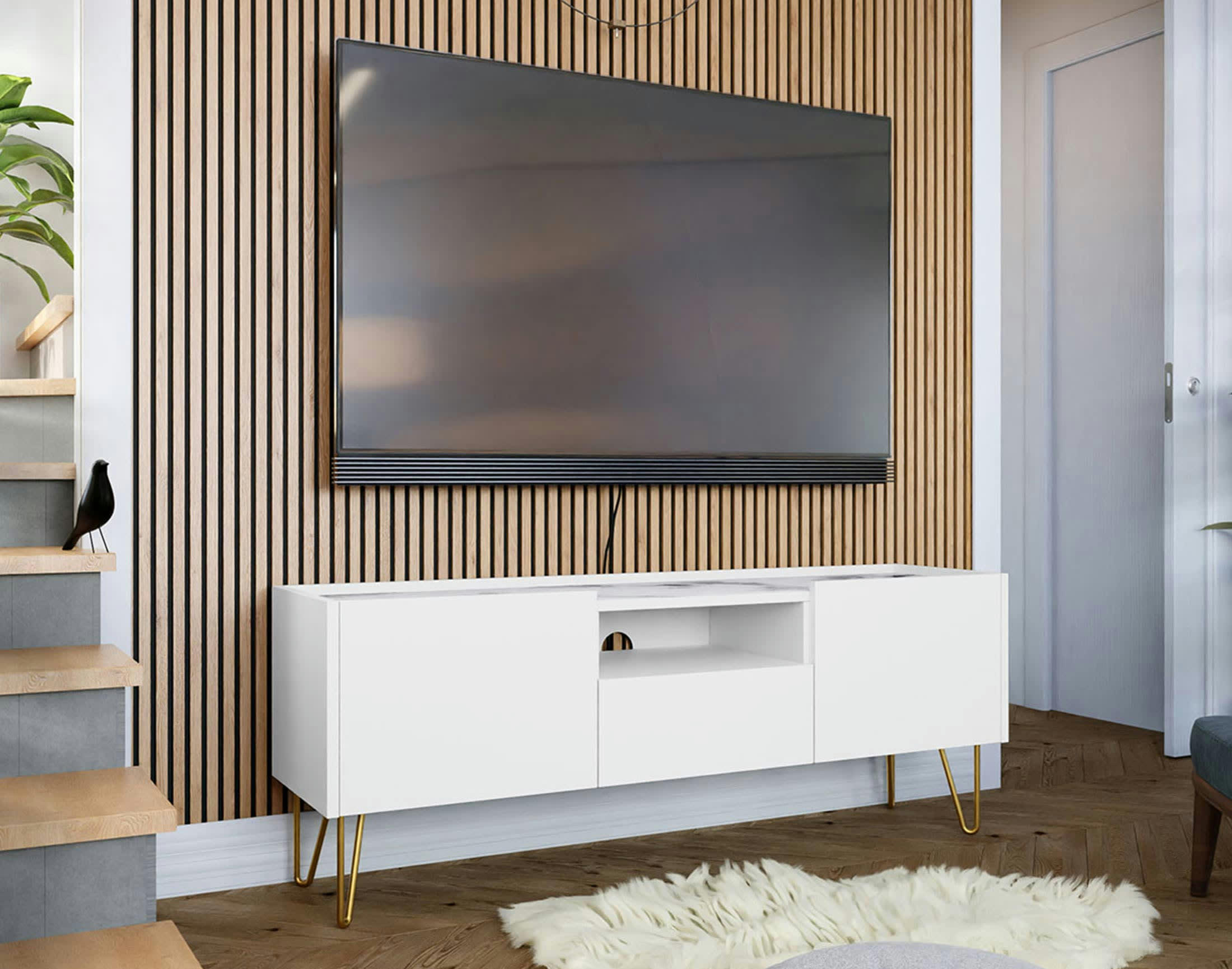 CALI - Meuble TV style contemporain 144 cm blanc / doré