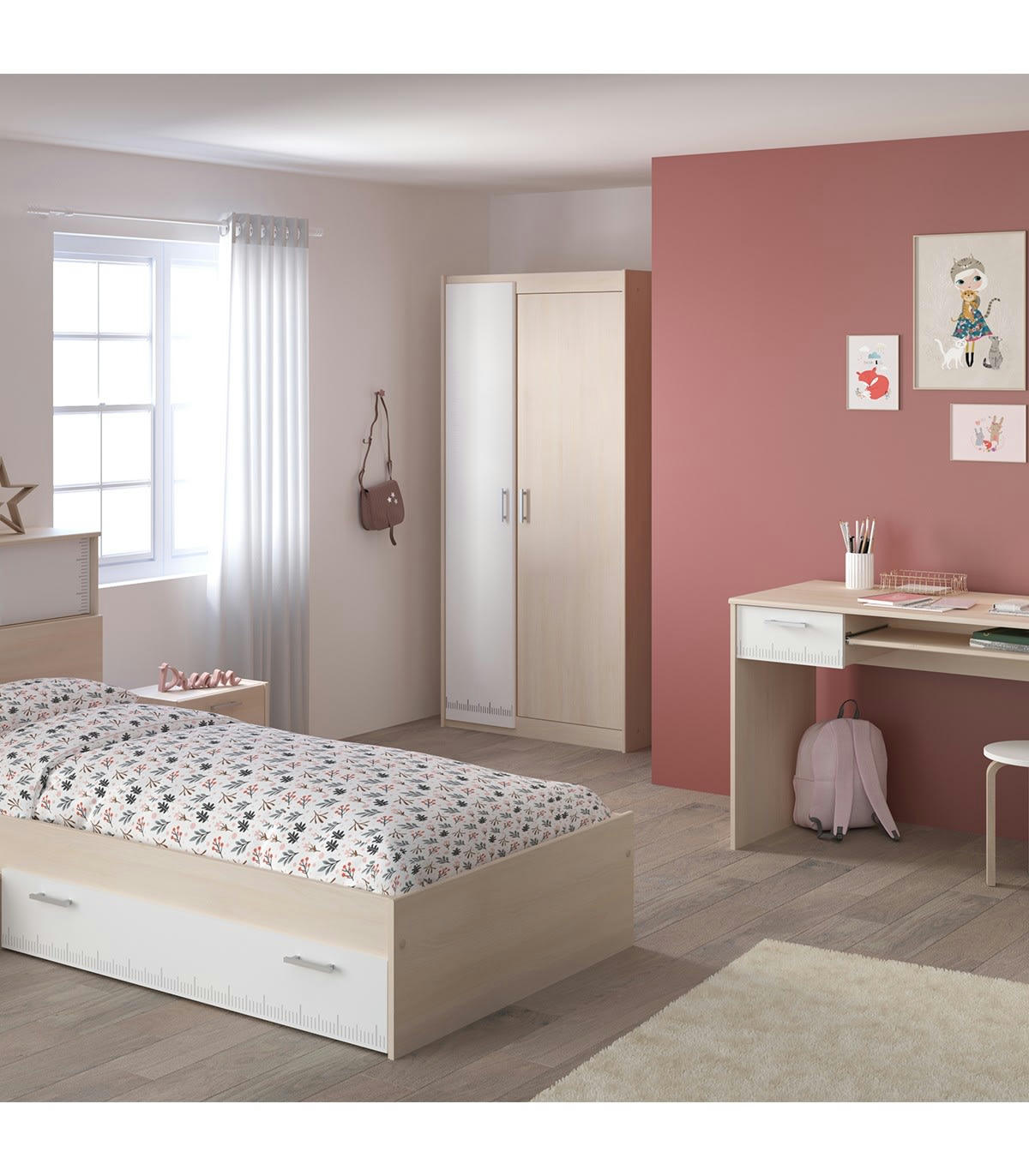 CHARLY - Armoire enfant 2 Portes avec Penderie L85,2 cm - Décor Bois et Blanc