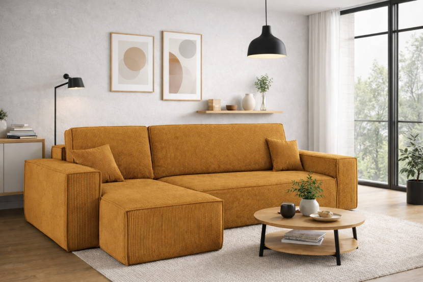 Sofa w kształcie L BEST narożnik, tkanina Poso, Musztardowy Lewostronny