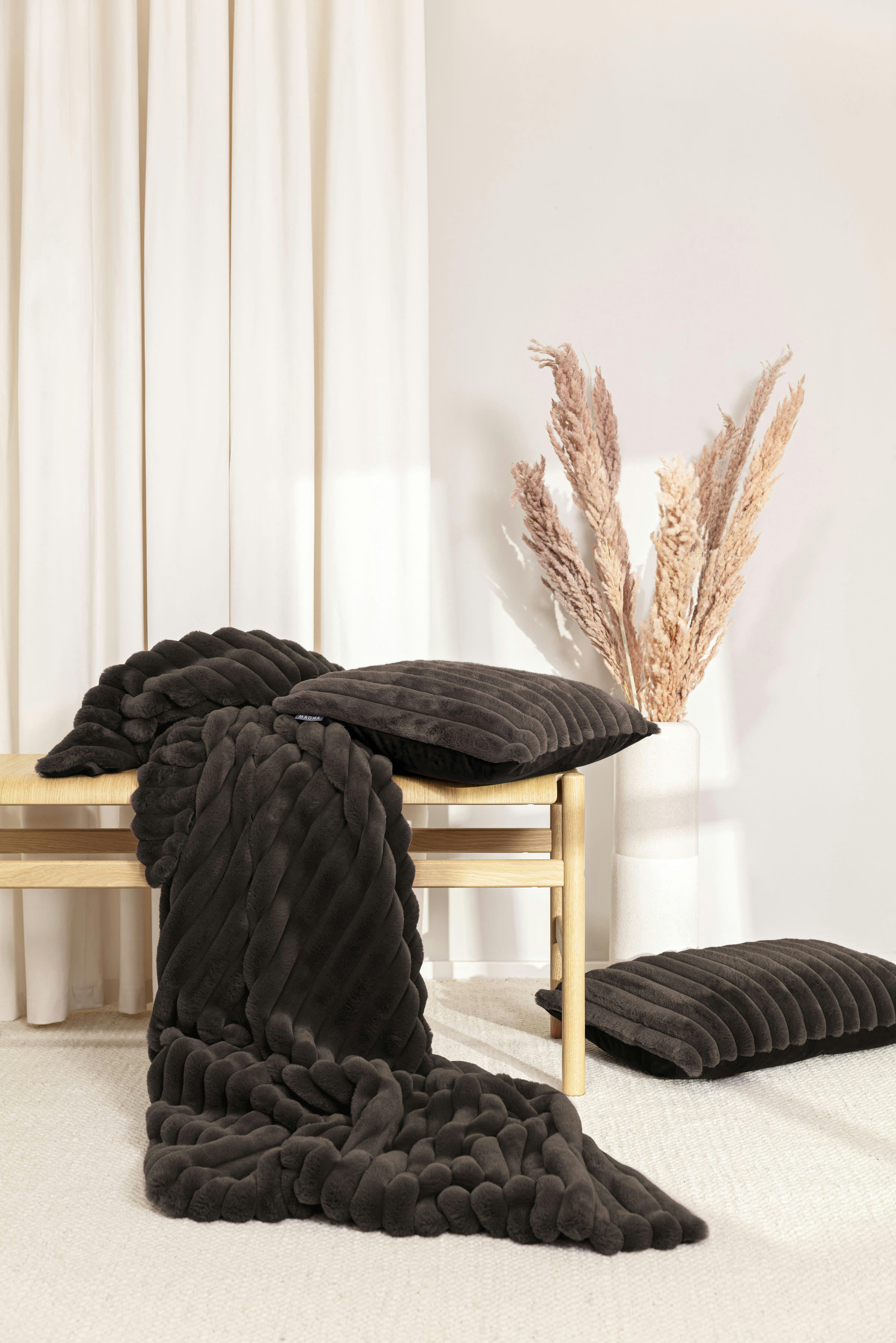 RAYA - Plaid velours cotelé moelleux imitation fourrure anthracite - 140x200