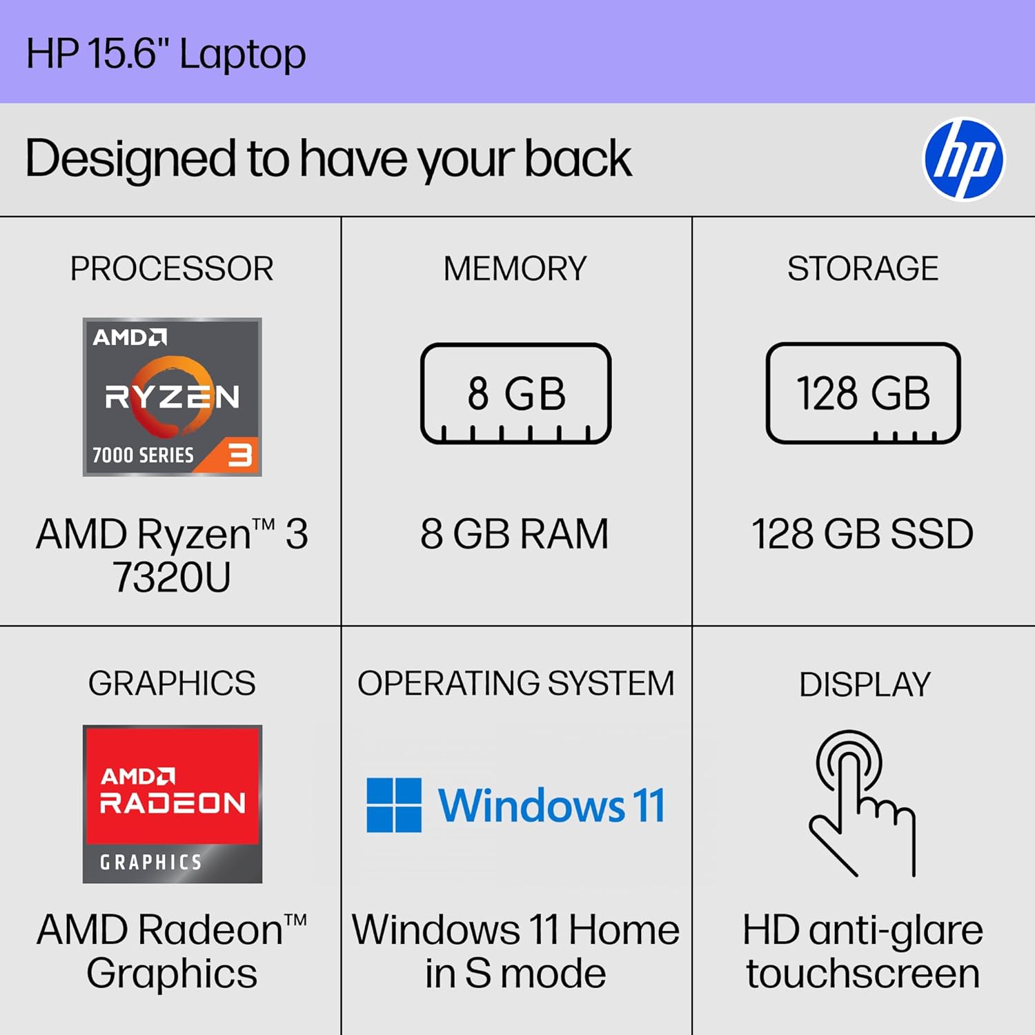 HP 15.6 inch Laptop  HD Touchscreen Display  AMD Ryzen 3 7320U  8 GB RAM  128 GB SSD  AMD Radeon Graphics  Windows 11 Home in S Mode  Natural Silver  15- fc0099nr