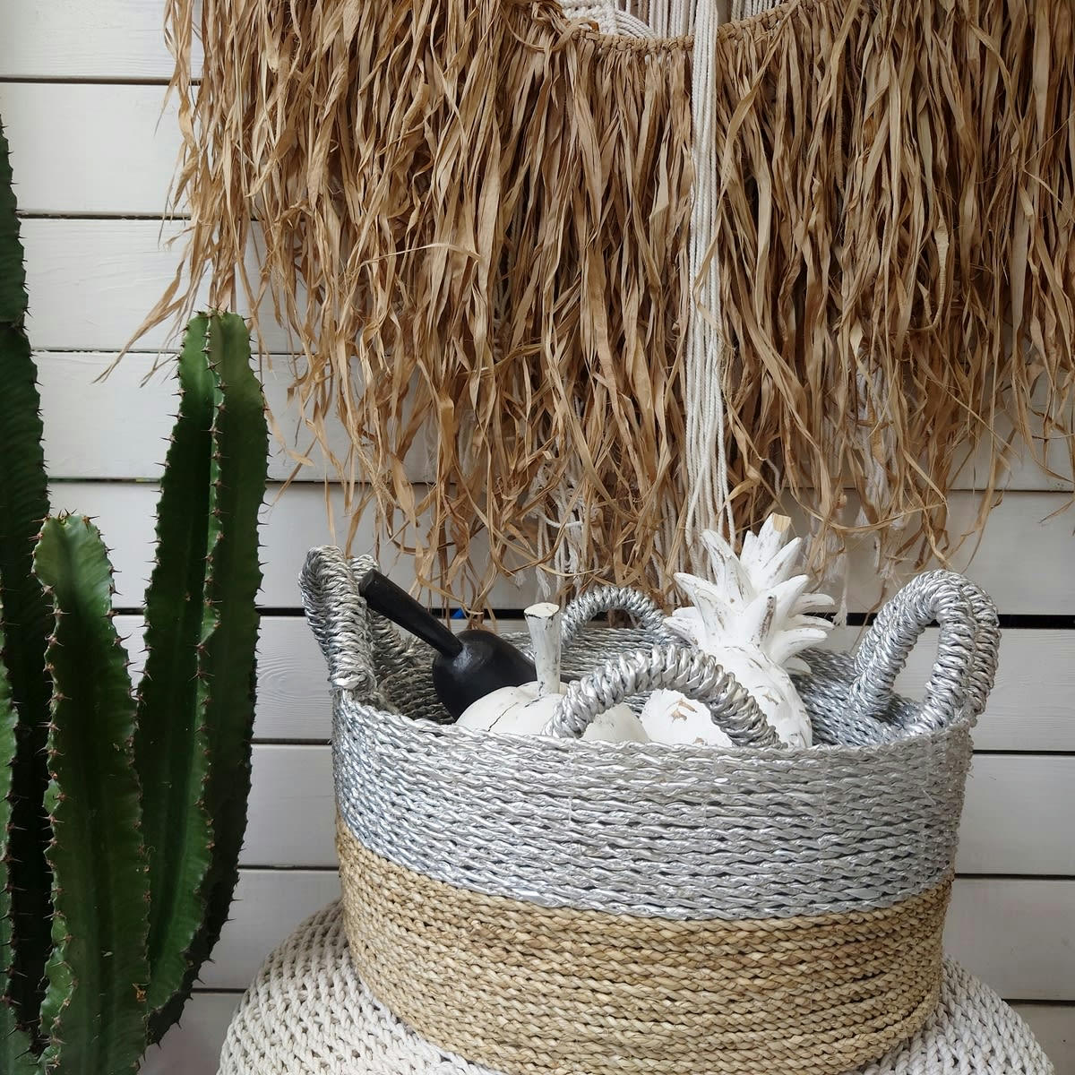 JEMEN - Paniers en jonc de mer avec  poignées, beige/argent - lot de 3