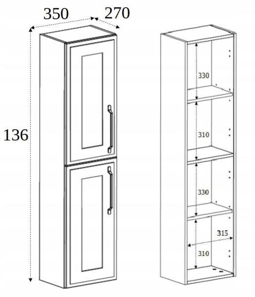BIAŁY SŁUPEK Wiszący Łazienkowy 136 cm Półki FREZOWANY FRONT MDF 2 drzwi
