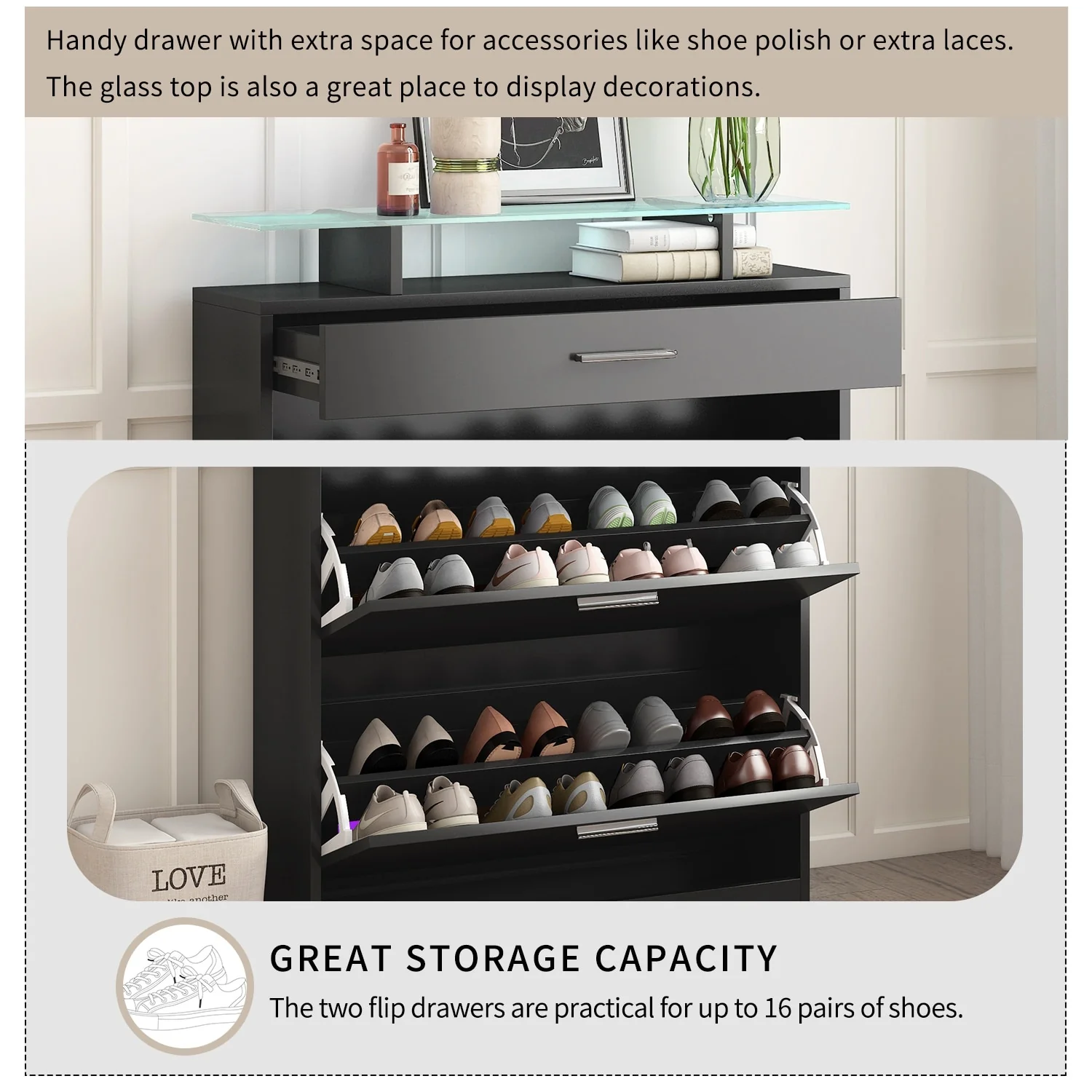 ON-TREND Slim Entryway Organizer with LED Light, two Flip Drawers, and Tempered Glass Top