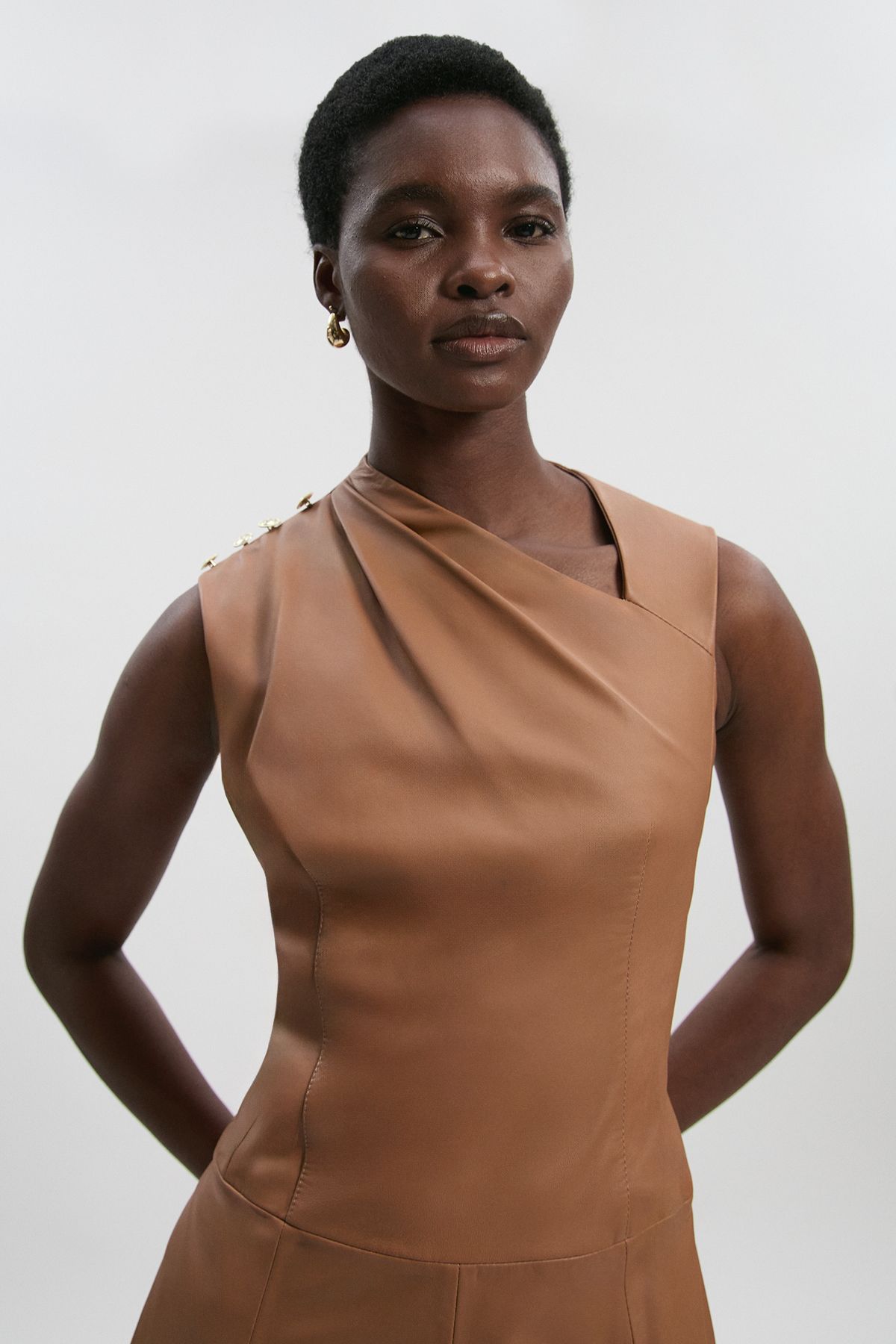 KarenMillen Leather Asymmetric Neck Full Skirt Midi Dress