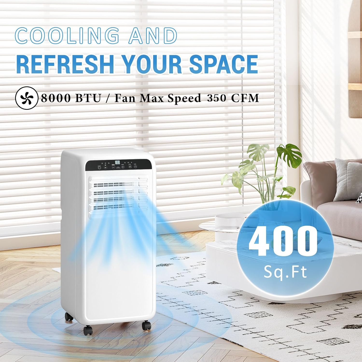 Erivess 8,000 BTU Portable Air Conditioner, 3 in 1 AC Unit with Built-in Cool, Dehumidifier & Fan Modes for Room up to 400sq.ft, with Remote Control, 24 Hour Timer, Installation Kits