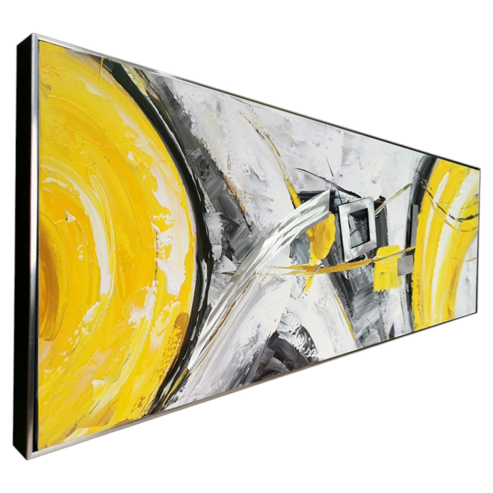 Tableau abstrait jaune et gris formes métalliques cadre argent