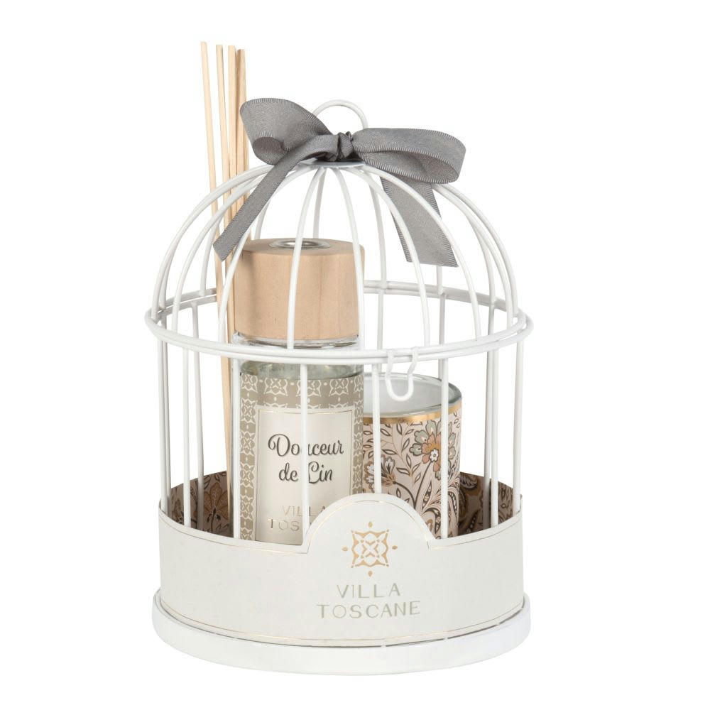 - Diffuseur en verre et bougie parfumée 90g support cage en métal blanc