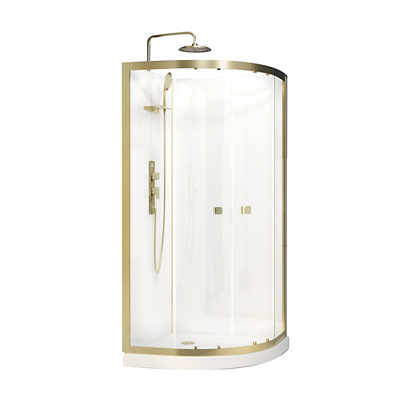 Cabine de douche 1/4 de cercle l.90 x L.90 x H.200 cm – fond blanc et profilés doré brossé, porte coulissante, Galedo Cabine Dorée