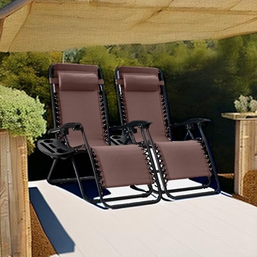 Best Choice Products Set of 2 Adjustable Steel Mesh Zero Gravity Lounge Chair Recliners w/Pillows and Cup Holder Trays - Brown