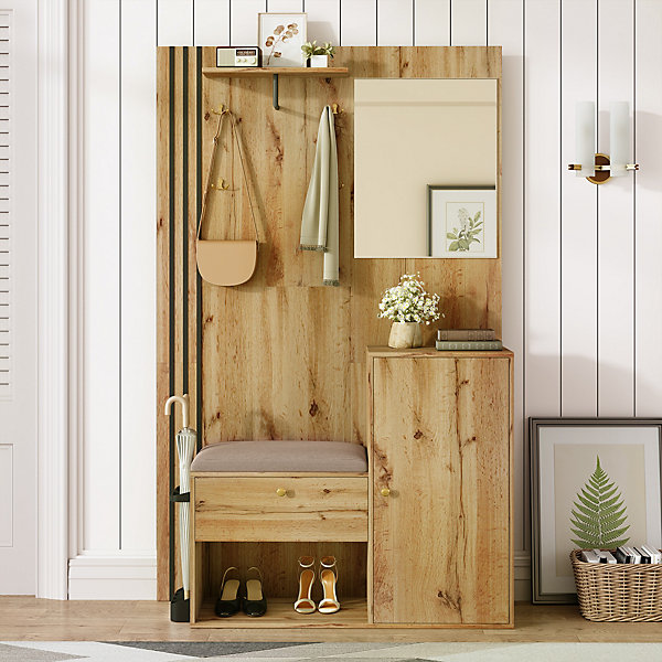 Meuble d'entrée - Armoire Penderie d'entrée avec Miroir, Banc et Porte-Manteaux - Porte-Parapluie Inclus - Naturel - 115x185x37 cm