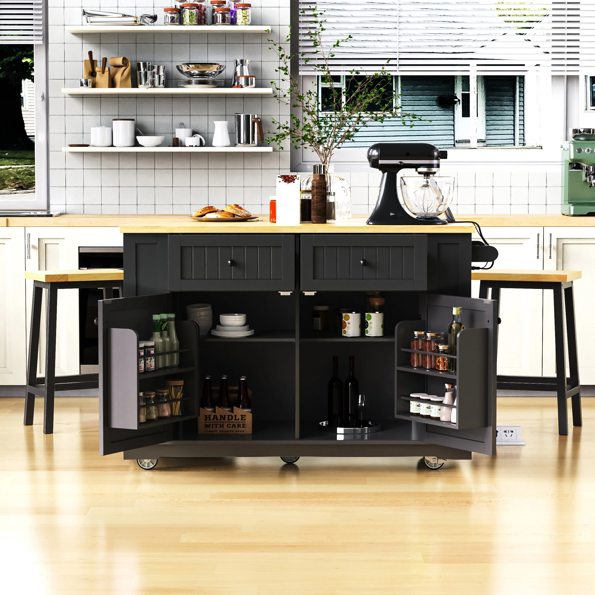48'' Large Kitchen Island with 2 Bar Stools & Power Outlet, Kitchen Cart on 5 Wheels with Drop Leaf, 5 Side Racks & 2 Drawers