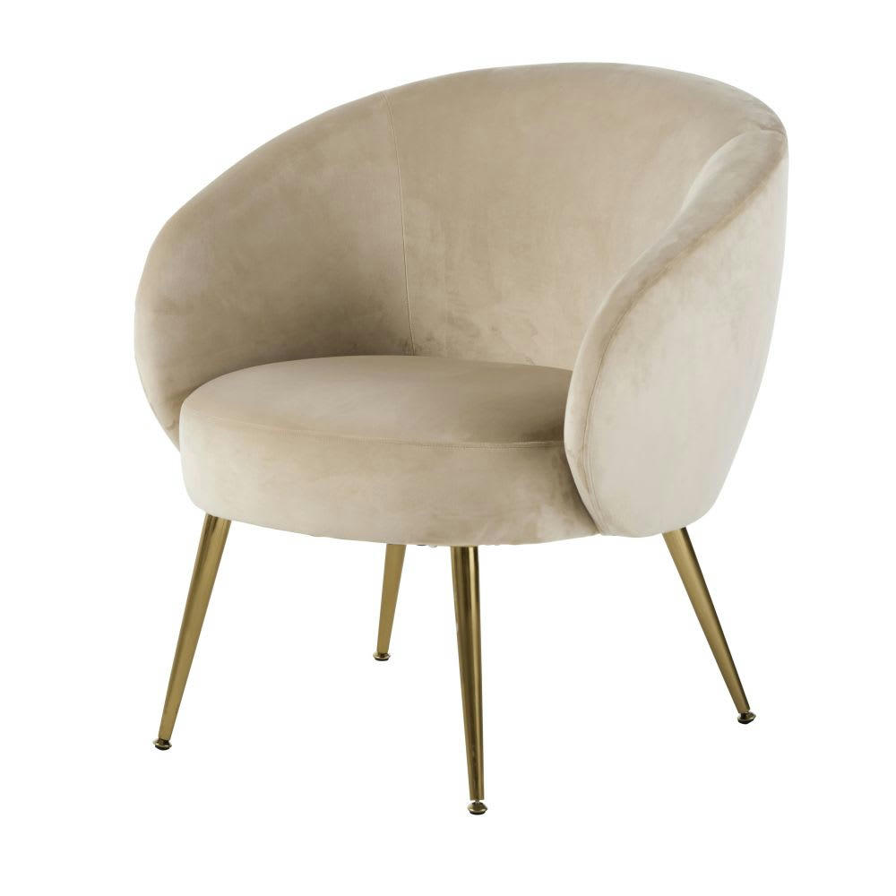 Bizou - Fauteuil en velours beige et pieds en métal doré