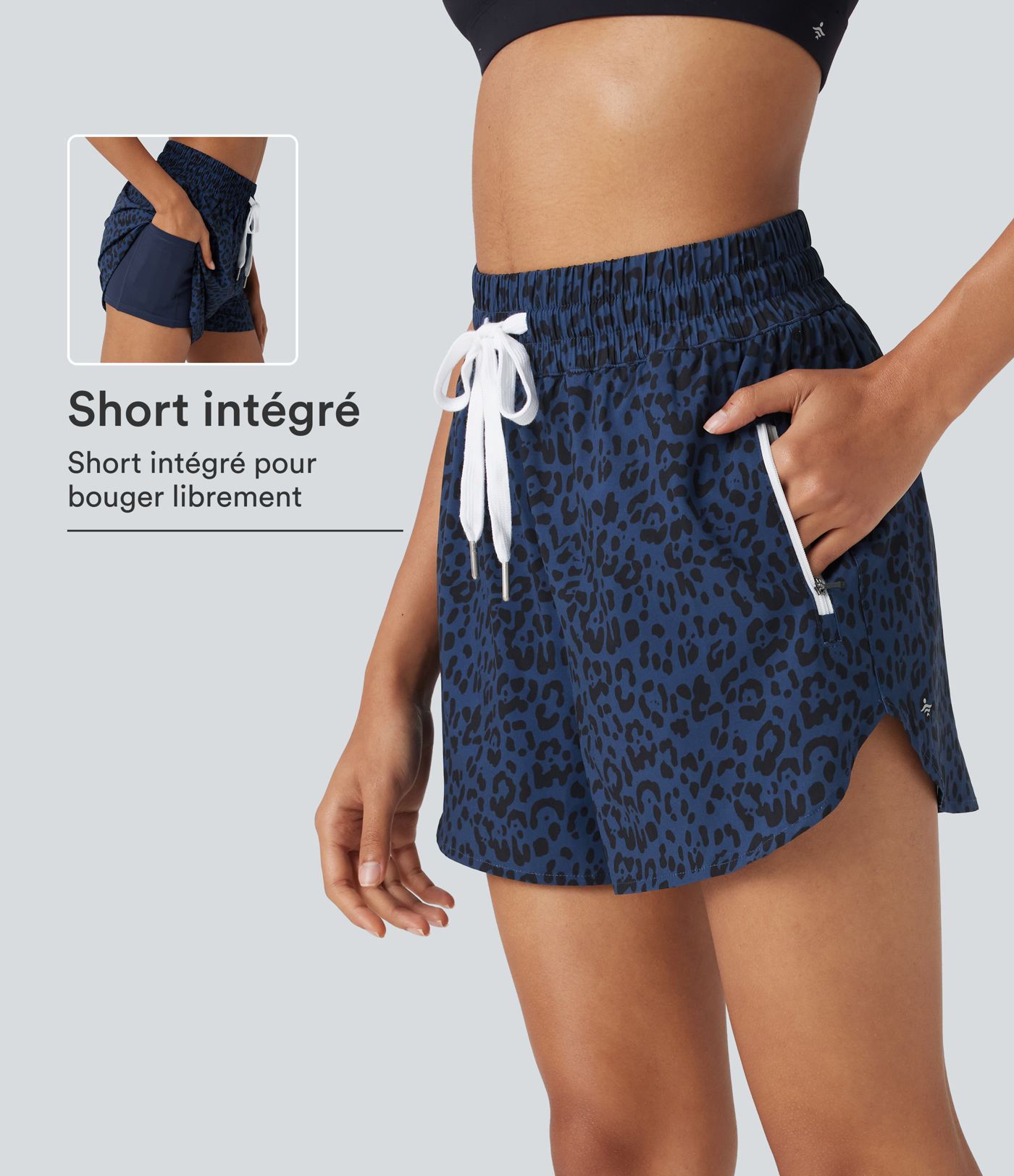 Short de jogging 2-en-1 taille haute avec cordon à imprimé léopard et ourlet incurvé avec poches