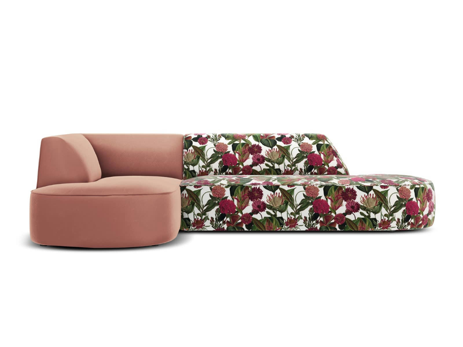 CHARLES - Canapé D'Angle Gauche 4 places en Velours Motif de Rose de Jardin