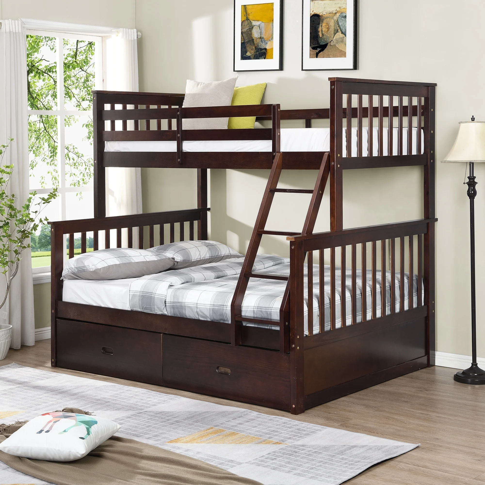 Twin Over Full Bunk Bed with Storage Drawers, Wooden Bunk Bed with Ladder and Safety Guard Rails