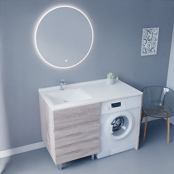 Meuble lave-linge KORA avec plan vasque déportée   Miroir rond Fazzio- Bois- Vasque à gauche