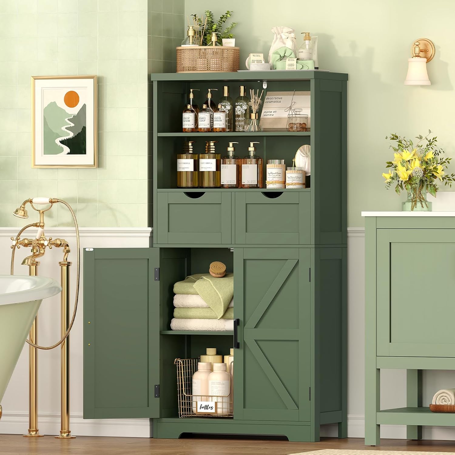TEENFON Bathroom Cabinet with Adjustable Shelf & 2 Drawers, Farmhouse Storage Cabinet with 2 Doors, Kitchen Storage Cabinets for Living Room, Entryway, Home Office, Forest Green