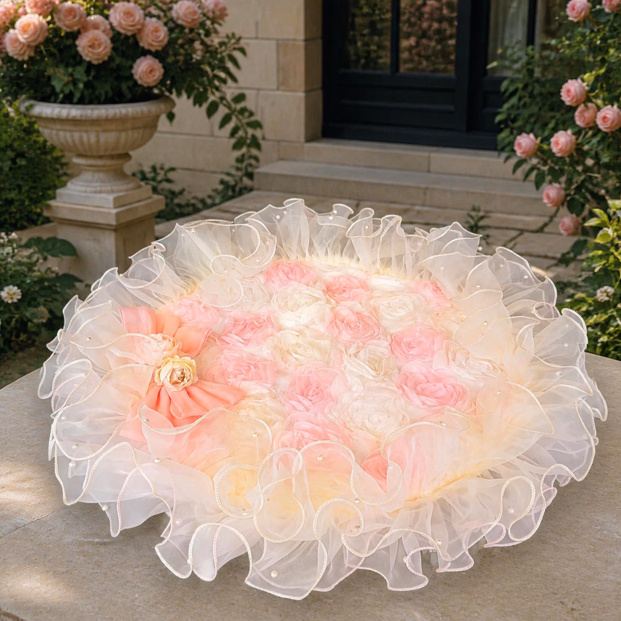 Rose Lace Pet Travel Mat, Round Dog Courtesy Pad, Luxury Cat Bed Cushion, Dusty Pink or Ivory, 45cm 60cm