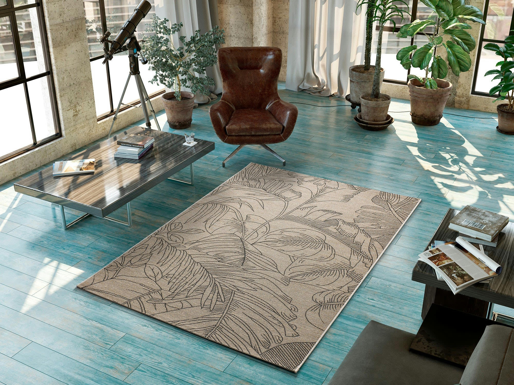 LOTTO - Tapis de jute à motifs tropicals en noir, 135x190 cm