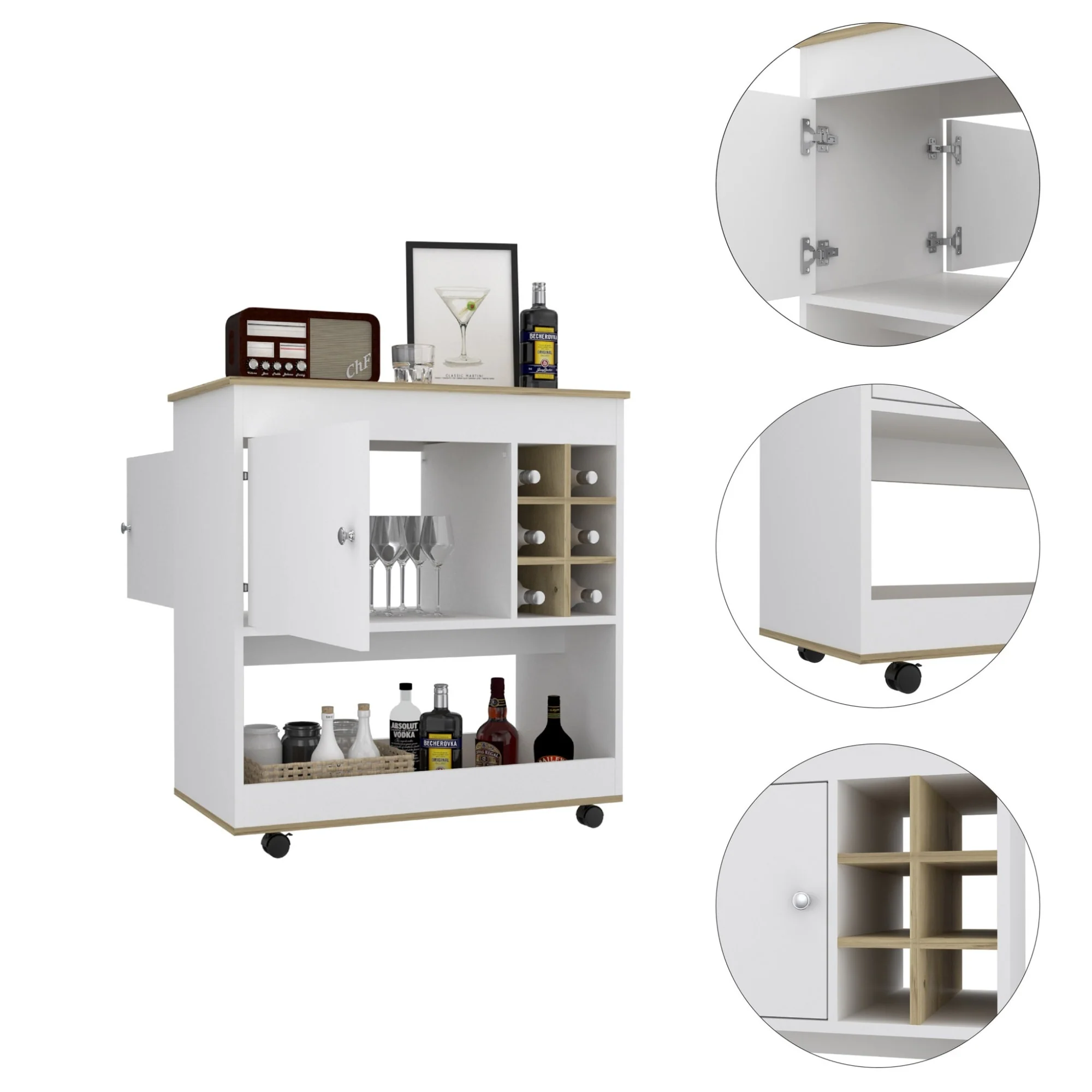 Brown and White Rolling Bar Cart with Wine Storage and Shelves - 35.4” x 18.5” x 37.4”