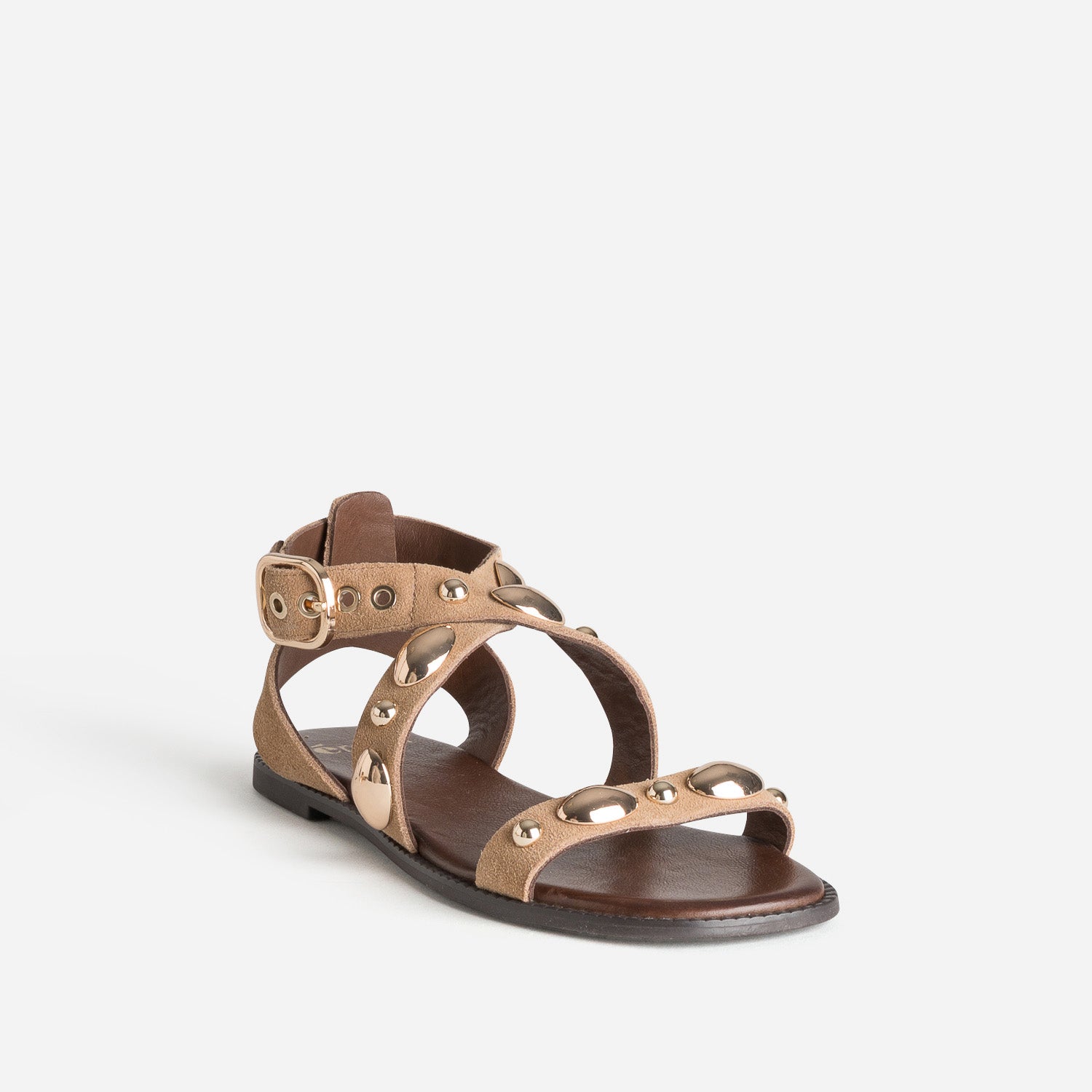 Sandale taupe cuir velours décor clous