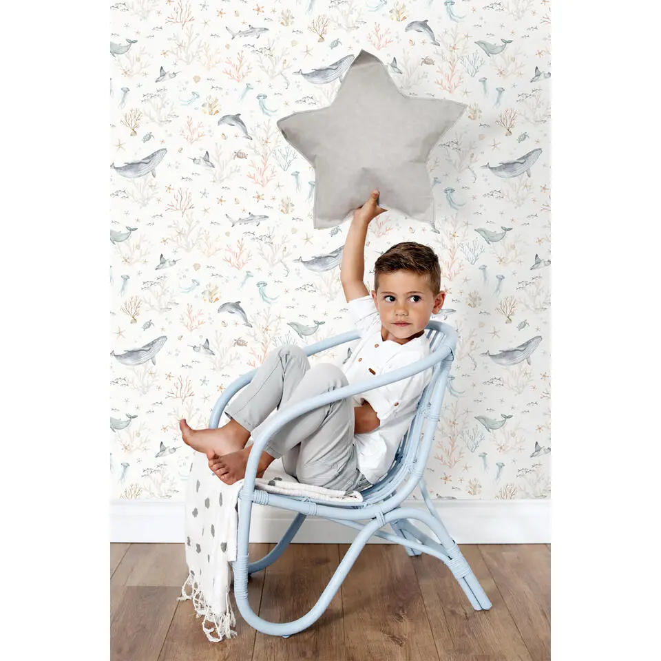 ESTAhome behang onderwaterwereld beige en vergrijsd blauw - 50 x 900 cm