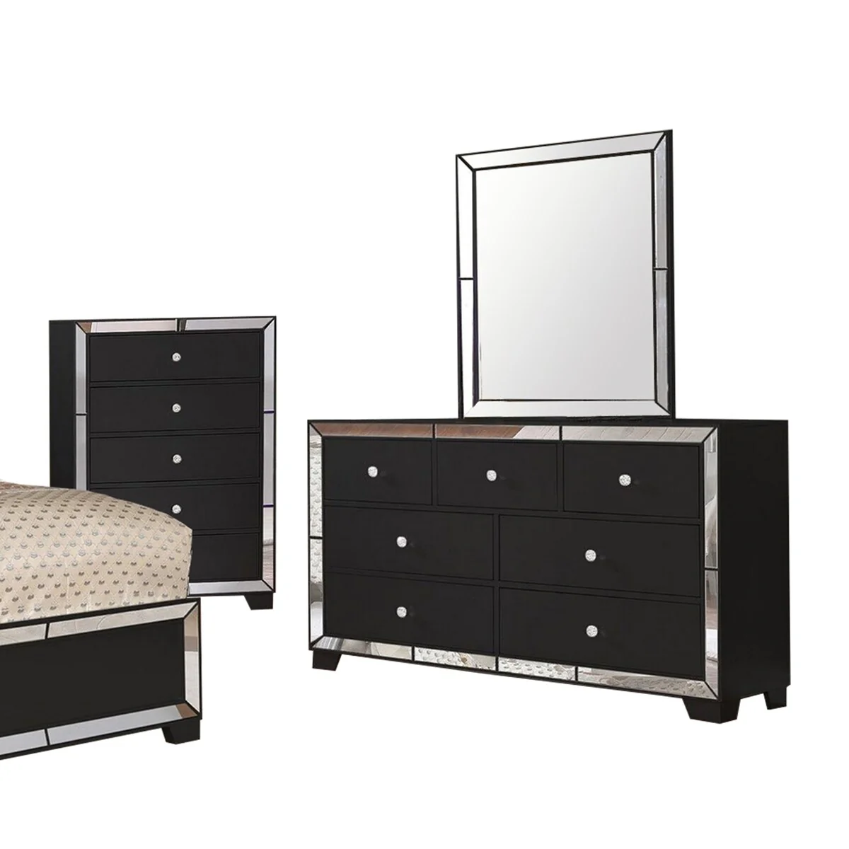 Crystal Tufted 5 Piece Wooden Queen Bedroom Set with LED, Brown