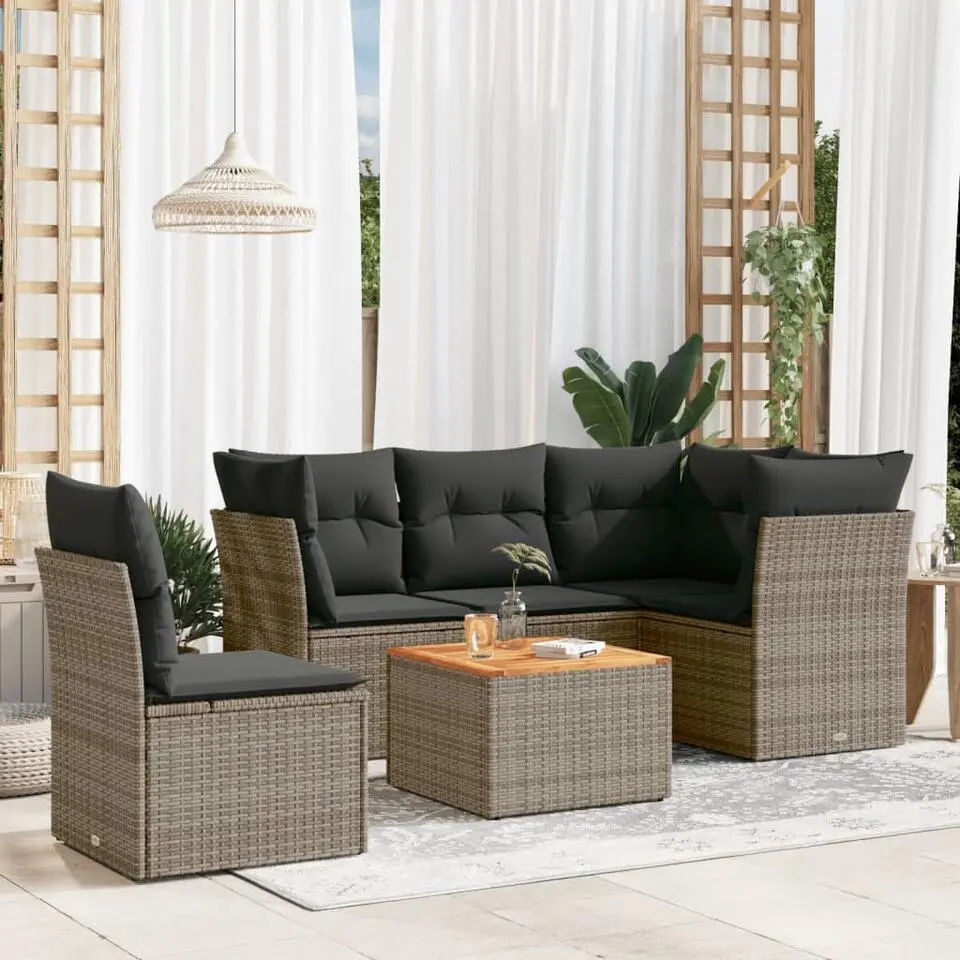 vidaXL Loungeset met kussens & hout salontafel - Grijs - Poly rattan - 6 stuks