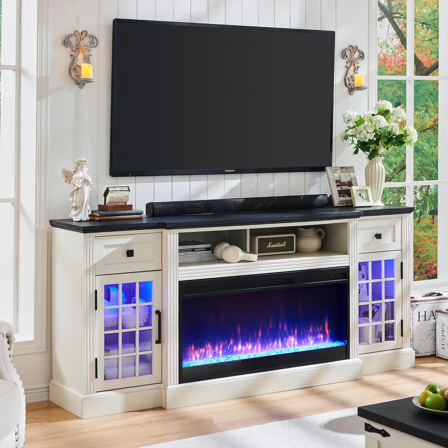 ACCOHOHO Farmhouse Fireplace TV Stand for 80 Inch TV, Entertainment Center w/ 36'' Electric Fireplace & LED Lights, Mordern Media Console with Storage Drawers & Cabinets for Living Room, White