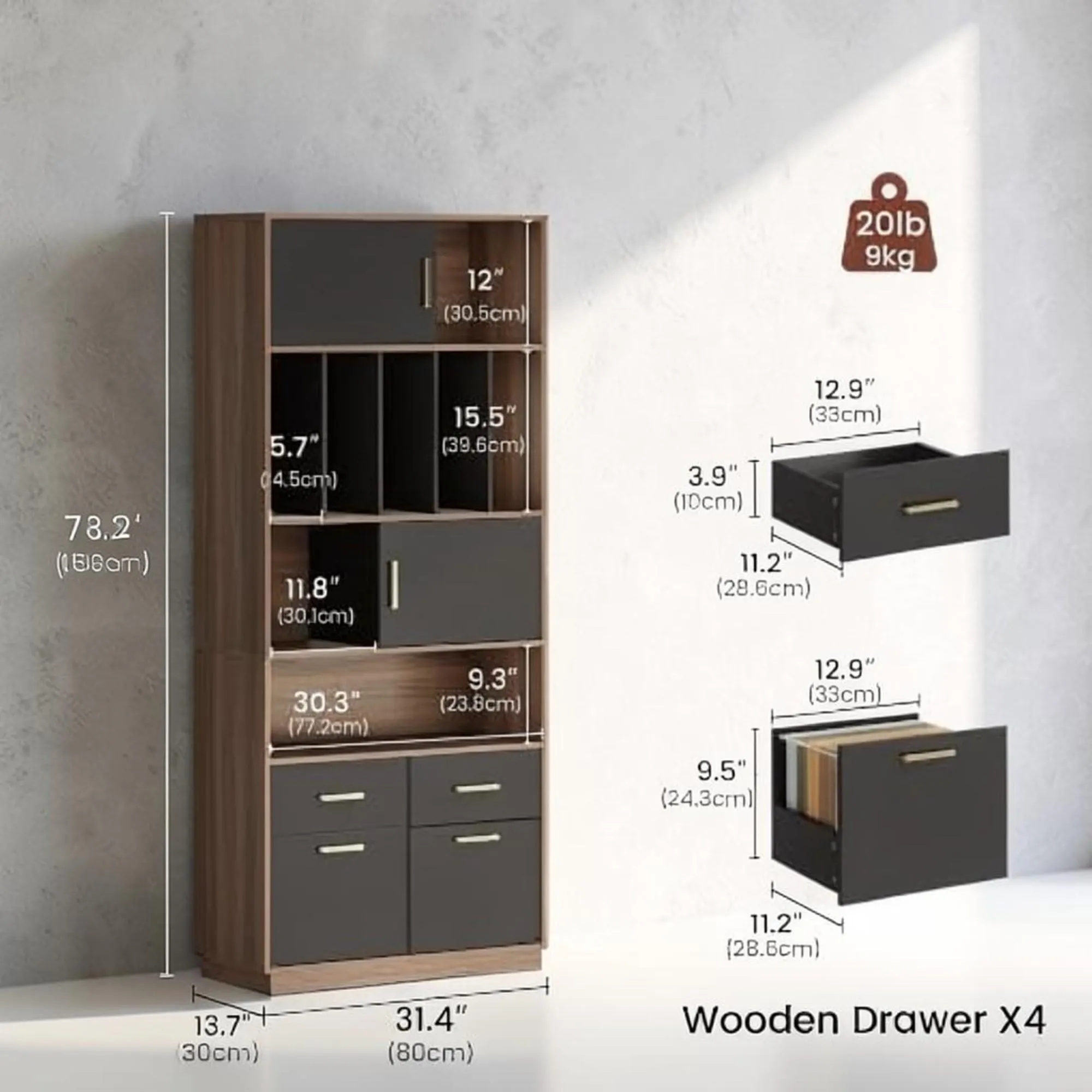 Tall Walnut Bookcase with Drawers, Doors, File Storage, Modern Office Cabinet Organizer