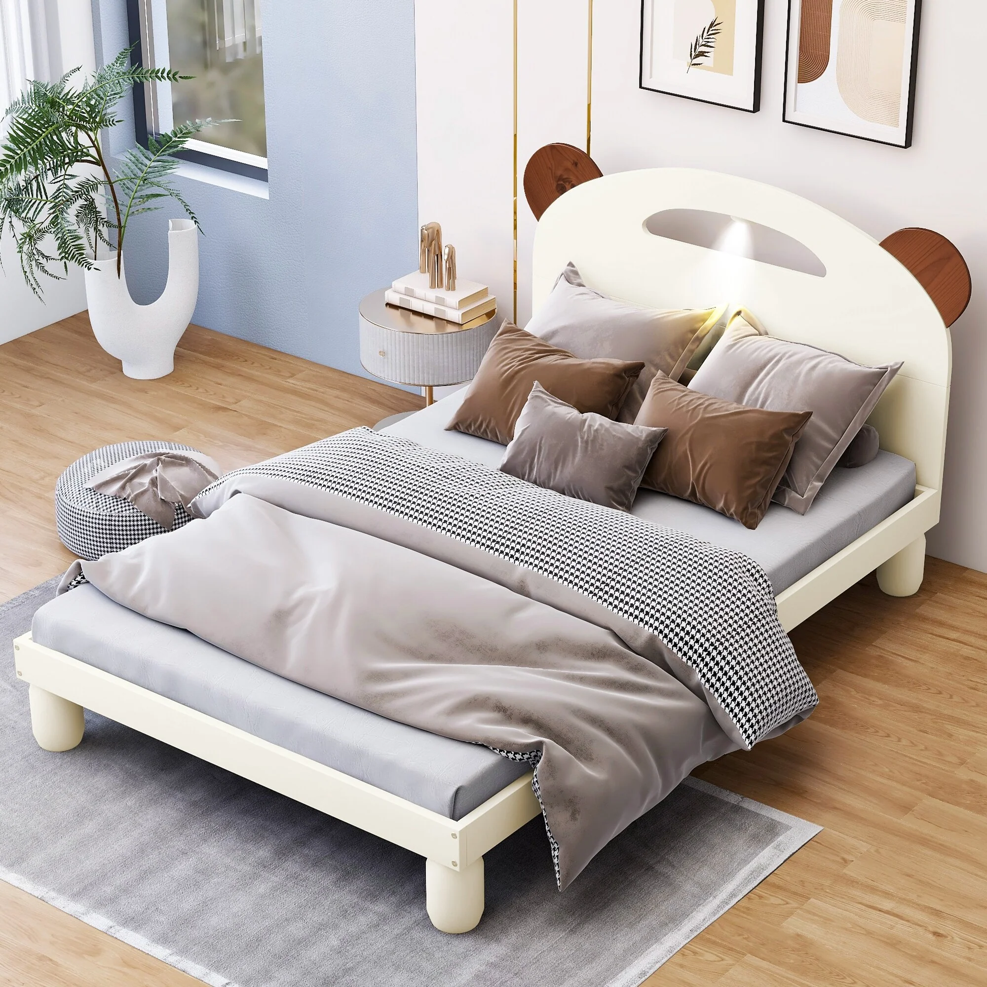 Cute Twin Platform Bed with Bear Ears Headboard and Built-in LED