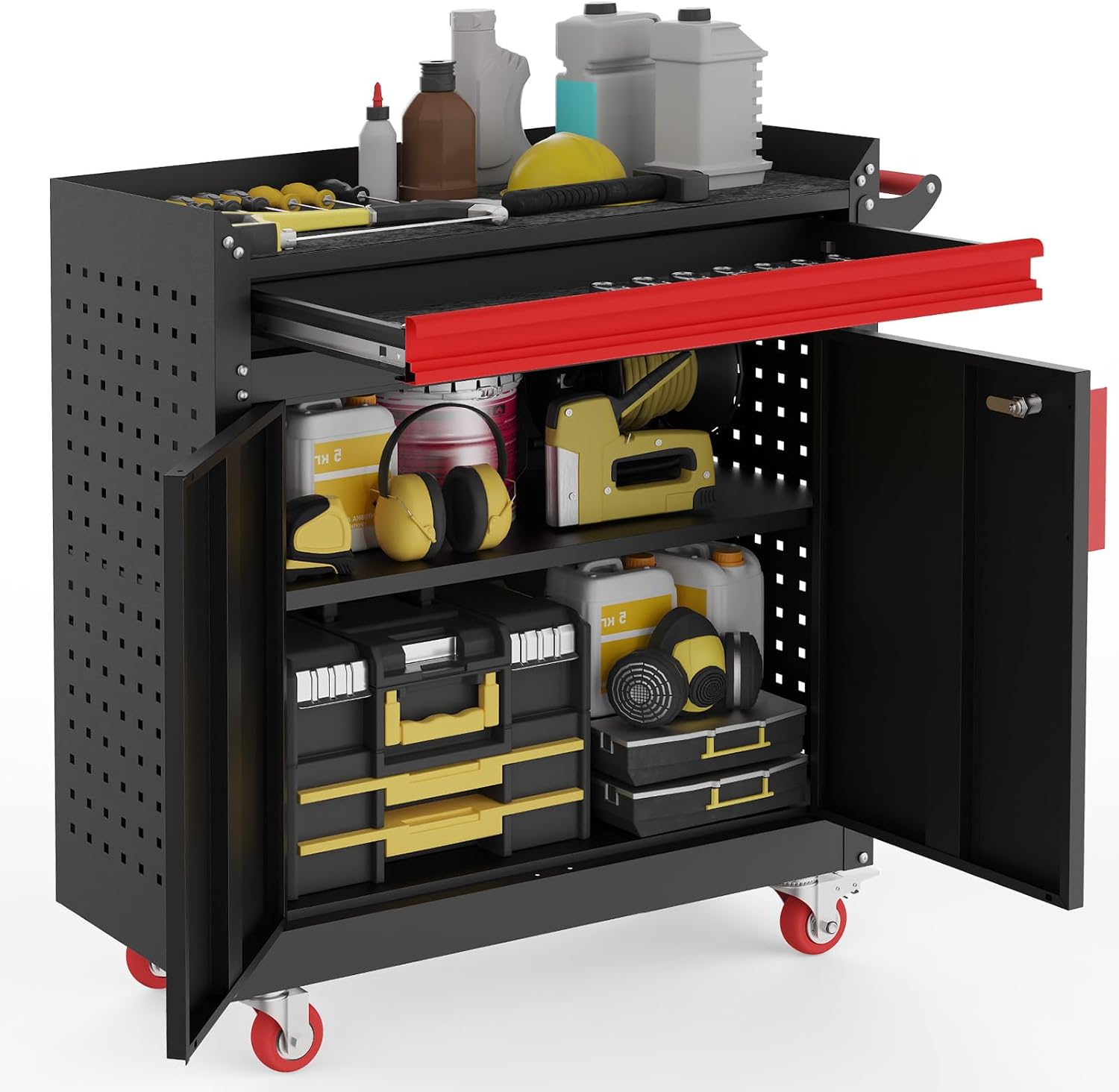 Eltean Rolling Garage Cabinets, Garage Storage Cabinet with Wheels and Workbench, Metal Cabinet with Doors and Shelf, Lockable Metal Storage Cabinets, for Home,Garages, Repair Stores, Warehouses