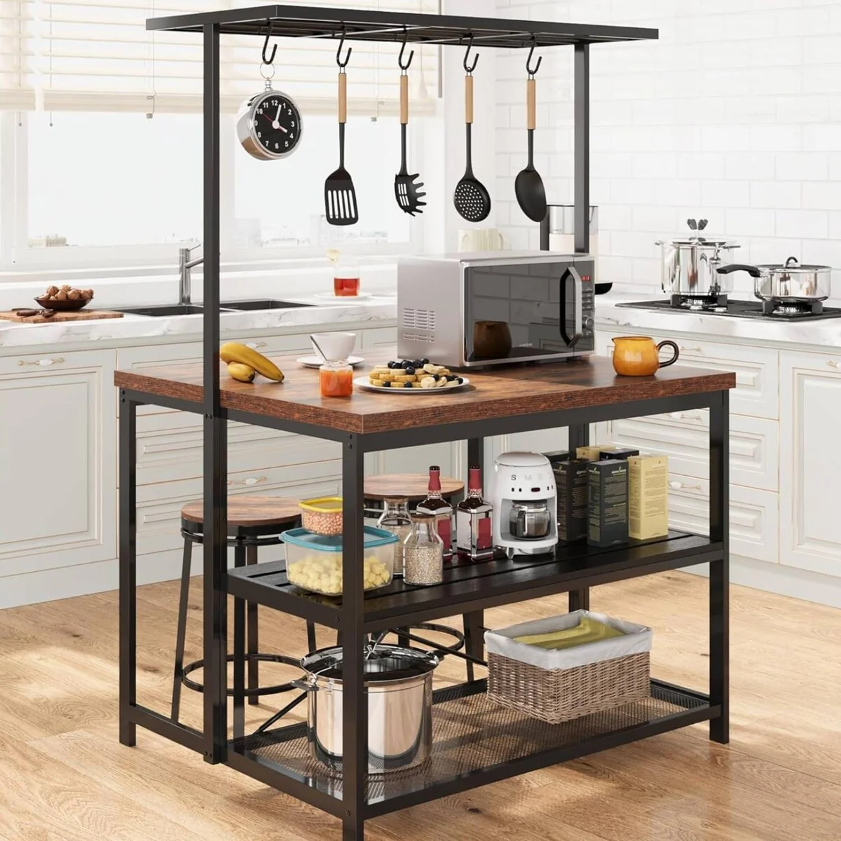42 3 Tier Kitchen Island Table with Storage Shelf and Hooks - N/A