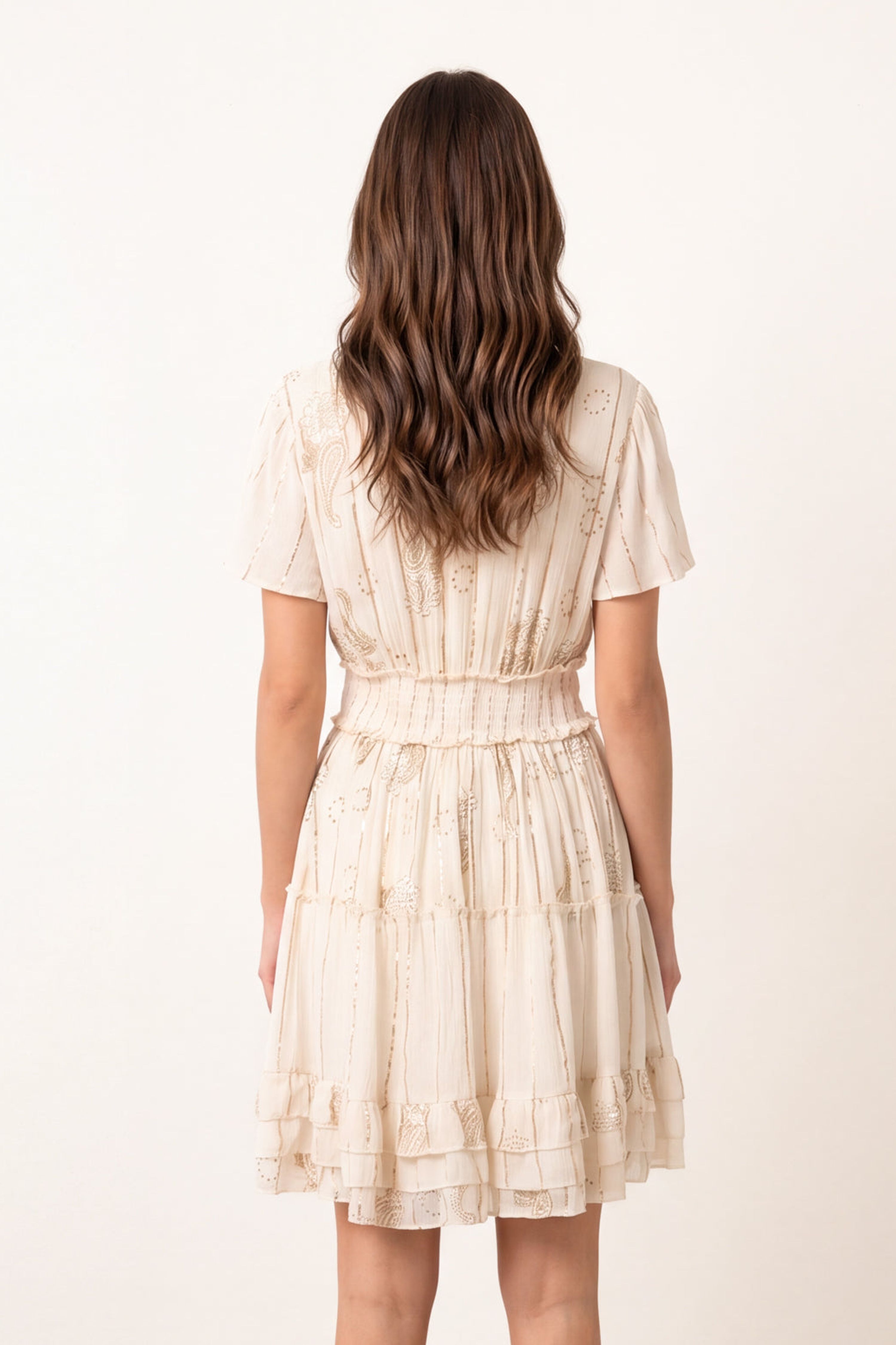 Blue Vanilla Beige Embellished Tiered Mini Dress