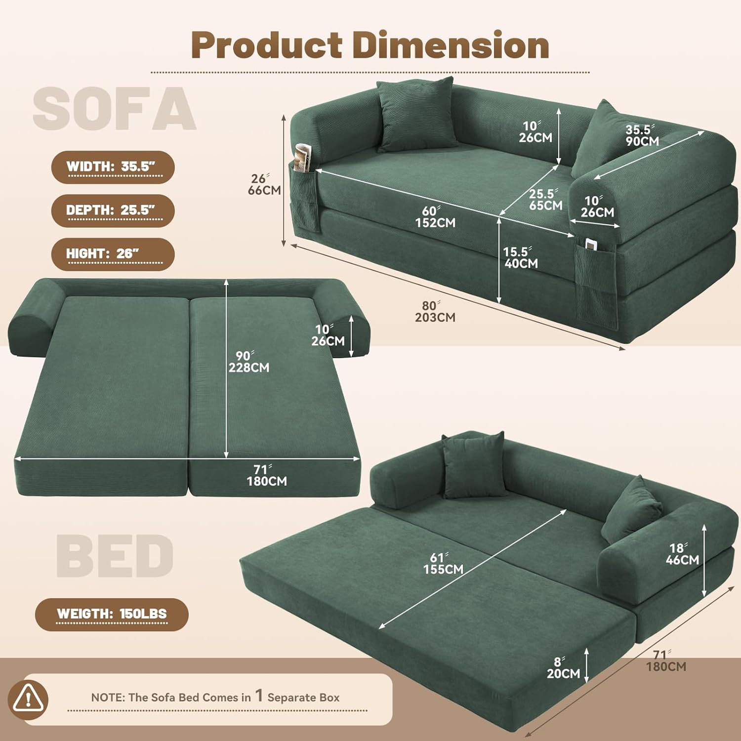Convertible Futon Sofa Bed,80 Folding Pull Out Couch Bed with Storage,Queen Sleeper Sofa Bed,Compressed Couch in a Box,Corduroy Boneless Couches for Living Room,Light Green