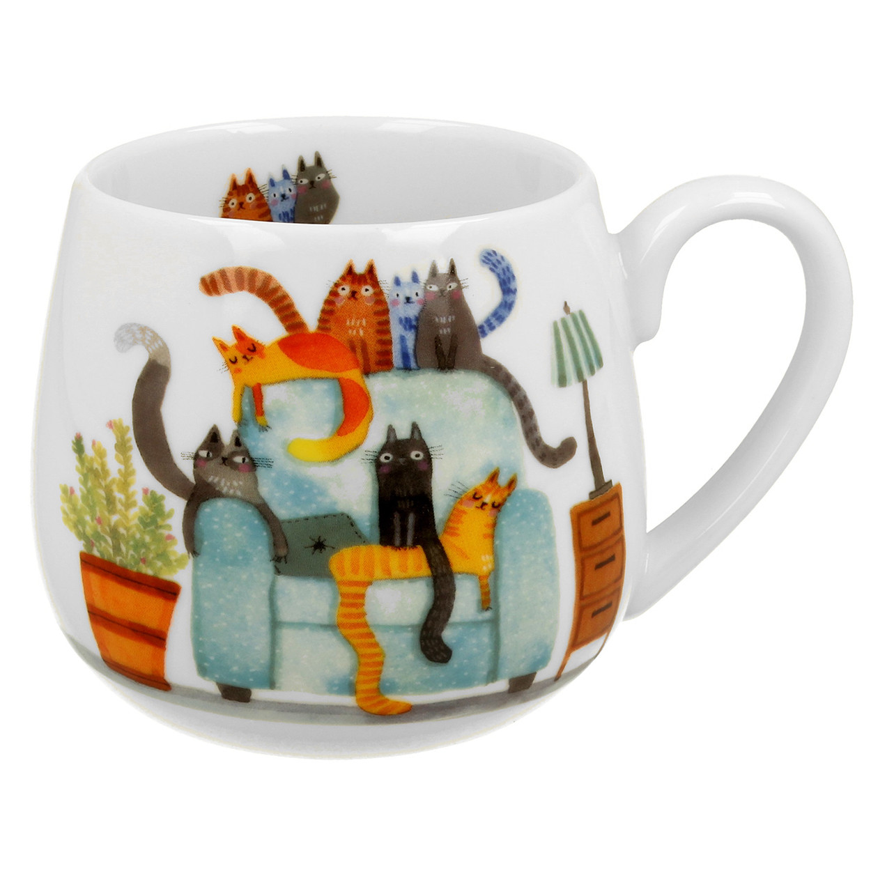 Kubek wzór Koci Świat KOTY NA FOTELU porcelanowy biały 430 ml