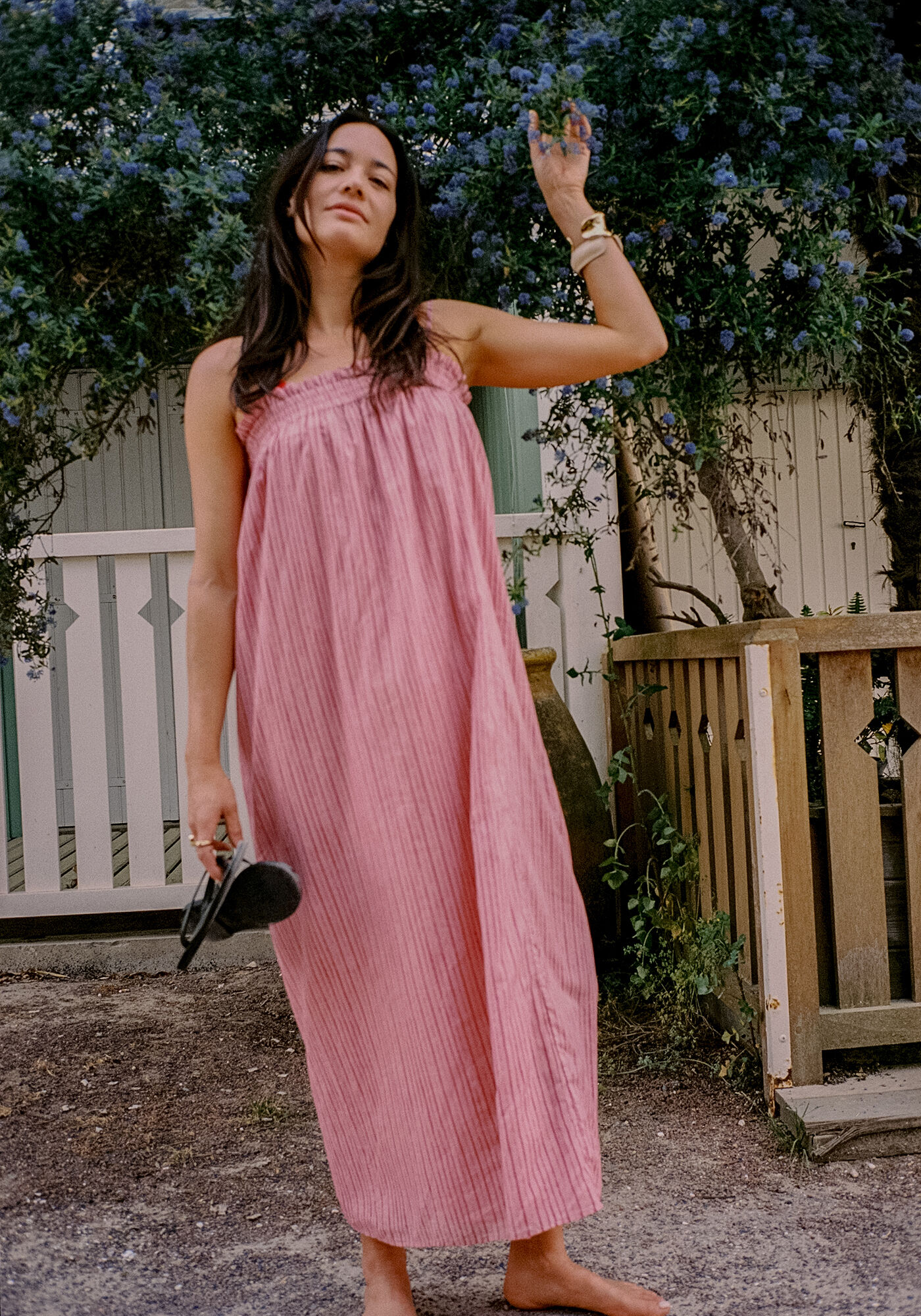 Robe bustier fines bretelles rose motif rayures Femme