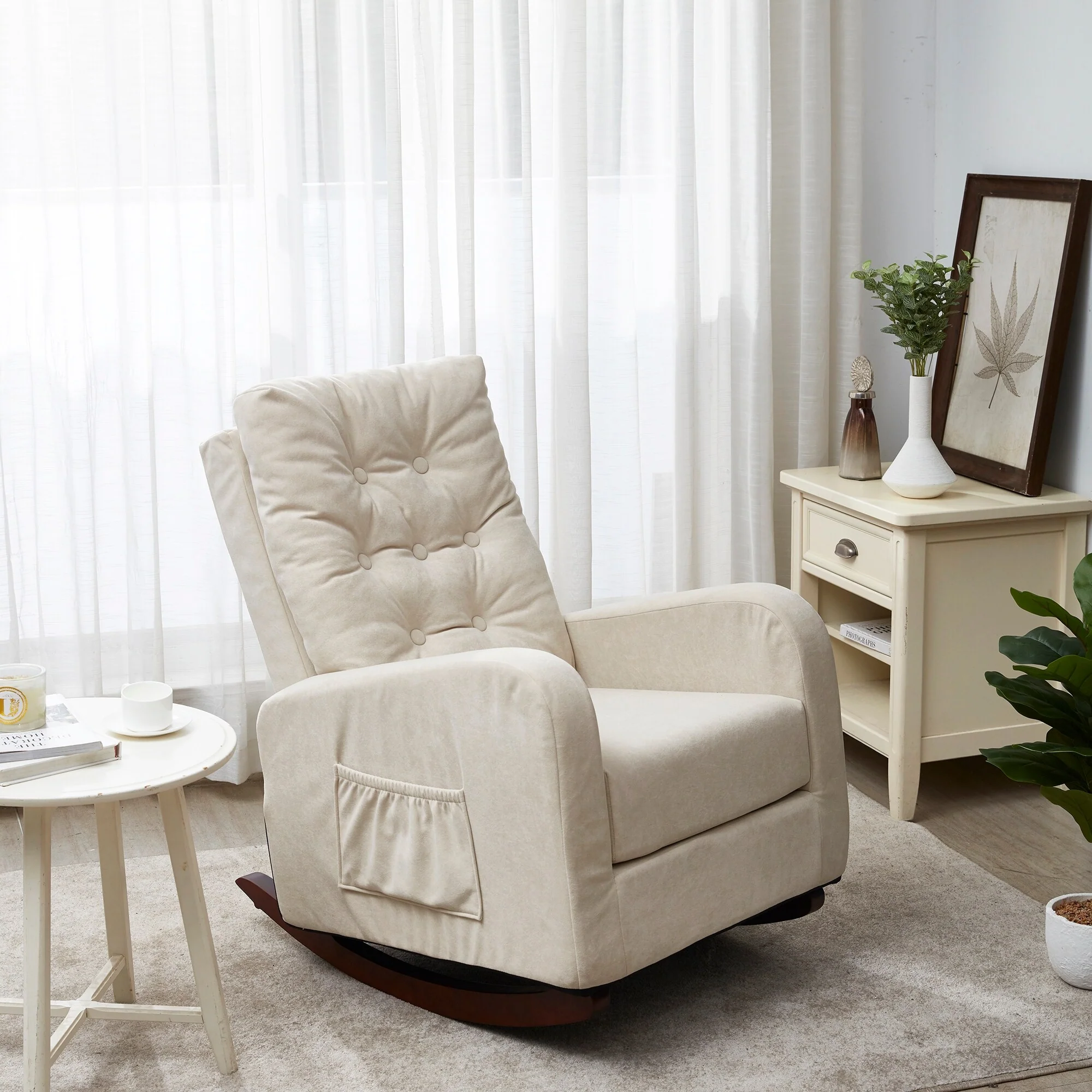 Beige Adjustable Reclining Sofa Chair with Solid Wood Legs, High Back Support, and Side Storage Pockets