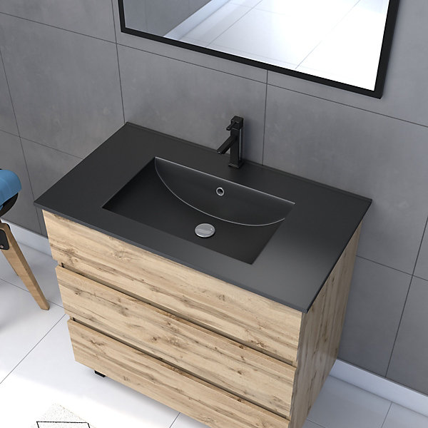 Ensemble sous vasque à poser effet chêne industriel 3 tiroirs   vasque noire   1 miroir, l.80 cm, Galedo Timber