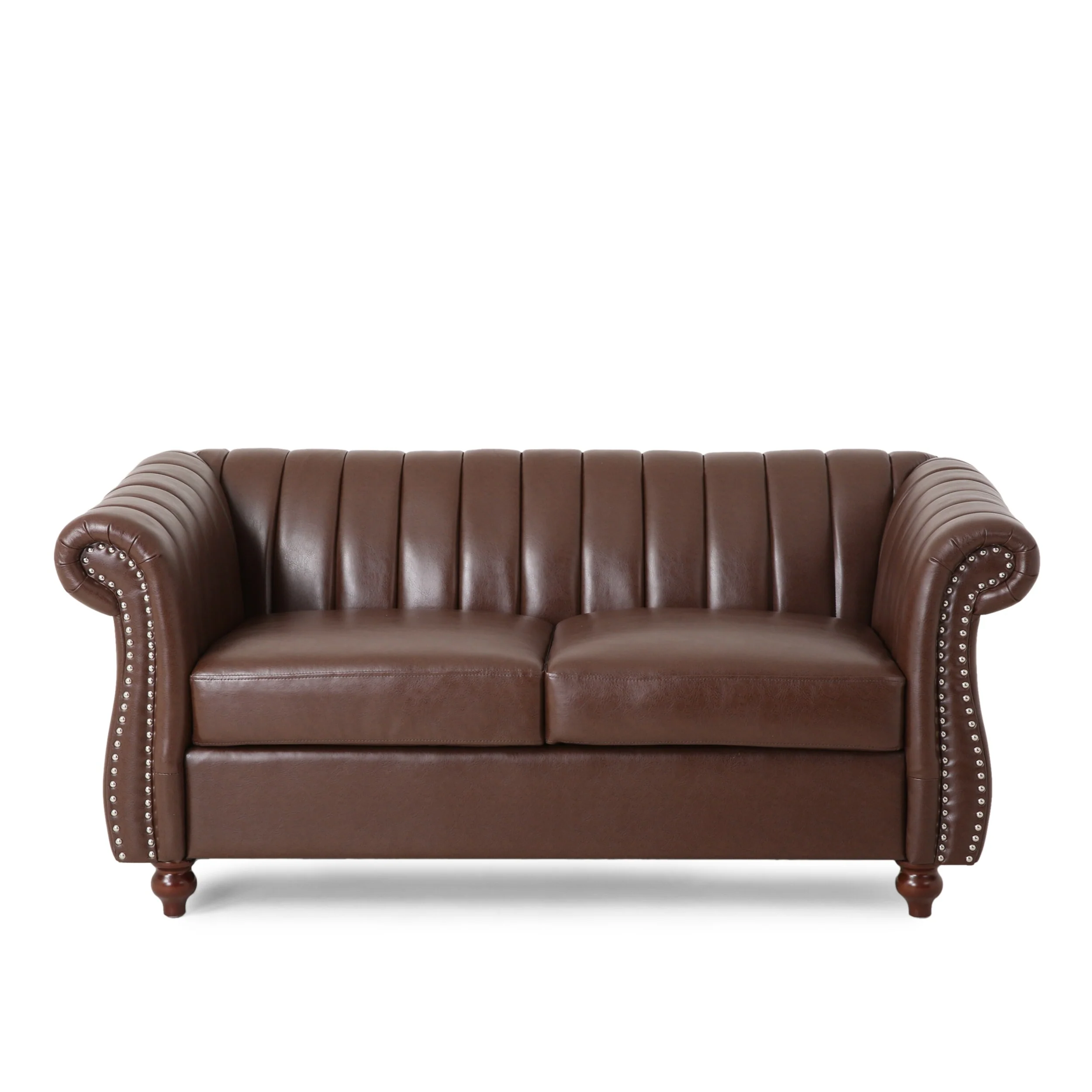 Dark Brown 61.75 Chesterfield Loveseat Sofa with Nailheads and Birch Wood Legs for Living Room