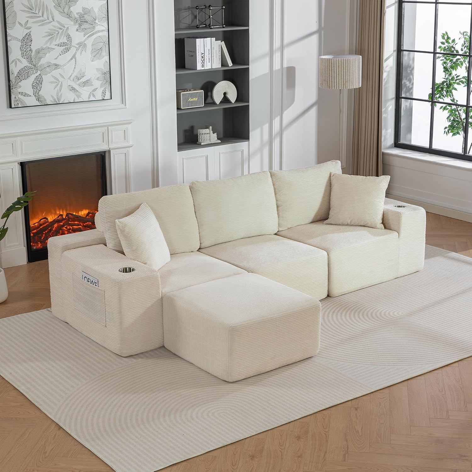 110Modular Sectional Sofa Couches,Convertible L-Shape Cloud Couch 3 Seat Oversize Chaise with Ottoman,Compressed Foam,Comfy Boneless,Side Pockets,Cup Holders, for Living Room,Apartment,Corduroy Beige