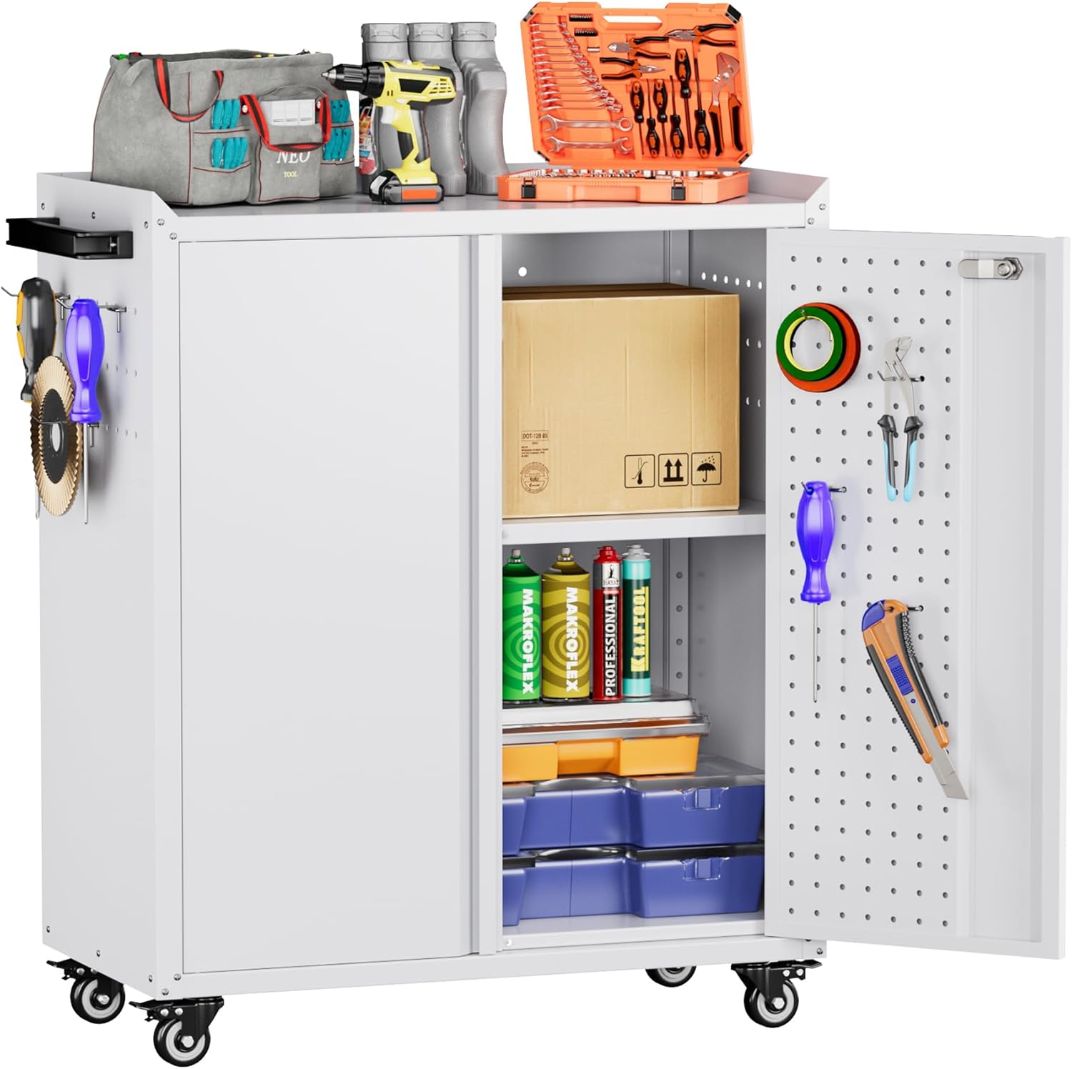 Aobabo 31.5 H Garage Storage Cabinet with Wheels,Lockable Metal Storage Cabinet with 2 Doors for Garage Home Office Storage,White,Assembly Required